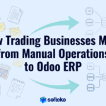 Illustration showing how trading businesses move from manual operations using spreadsheets and documents to a connected Odoo ERP system with a shared database.