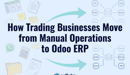 Illustration showing how trading businesses move from manual operations using spreadsheets and documents to a connected Odoo ERP system with a shared database.