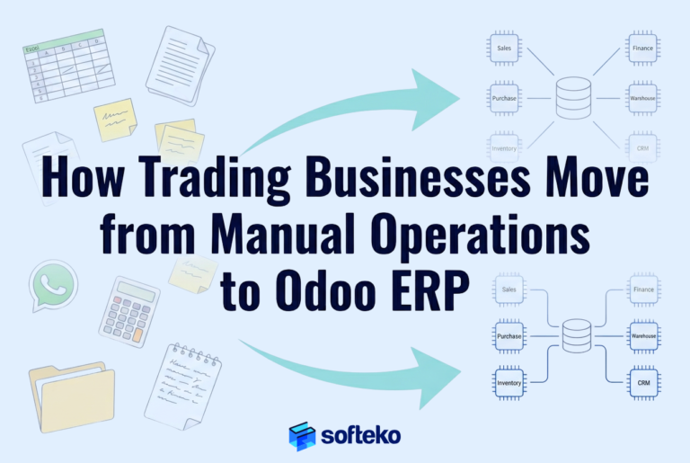 Illustration showing how trading businesses move from manual operations using spreadsheets and documents to a connected Odoo ERP system with a shared database.