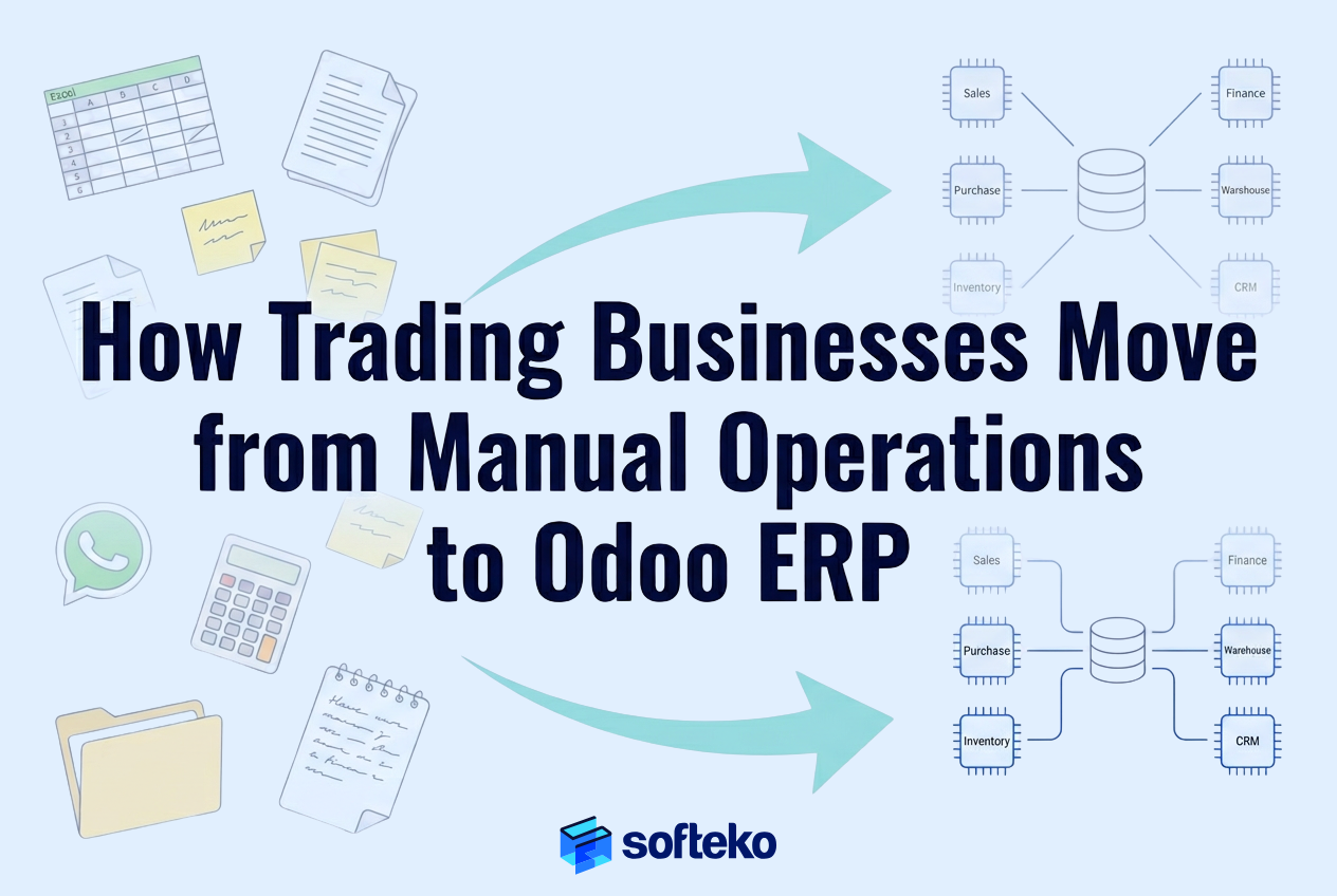 Illustration showing how trading businesses move from manual operations using spreadsheets and documents to a connected Odoo ERP system with a shared database.