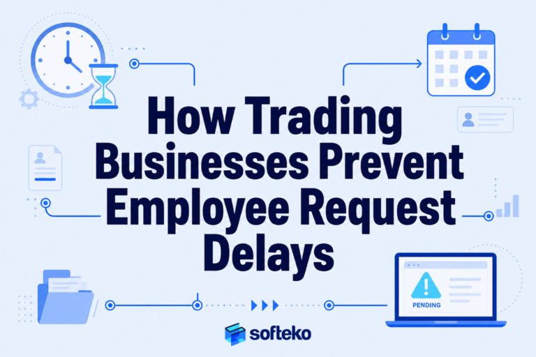 Softeko branded corporate hero graphic detailing how trading businesses prevent employee request delays using centralized ERP onboarding and asset management systems
