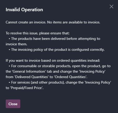 Odoo “Cannot create an invoice. No items are available to invoice” Error Fix